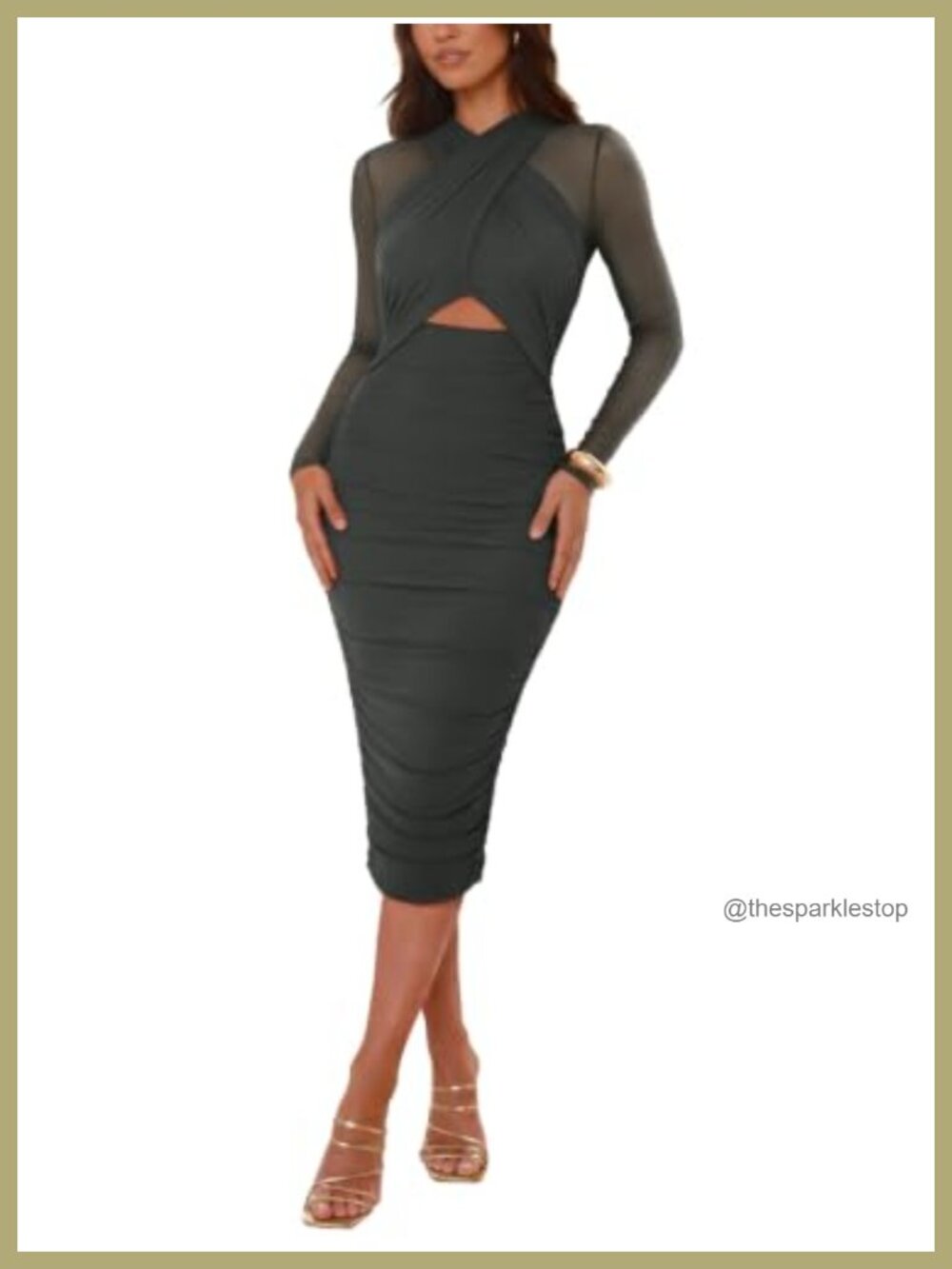 Sexy Mesh Midi Dress Long Sleeve Ruched Bodycon Club Night Out